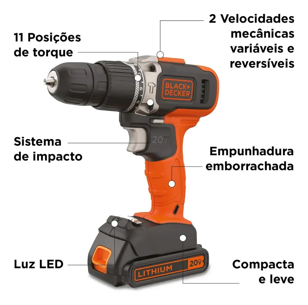 Parafusadeira / Furadeira Impacto 3/8" (10MM) 20 MAX* Li-ion, Velocidade Variável Reversível 2 Velocidades, 1 Bateria, 1.5AH e Carregador Black+Decker — foto 2