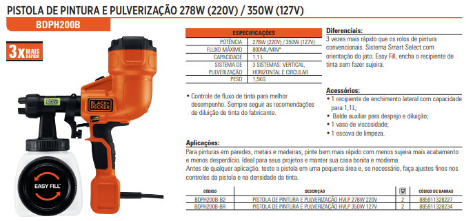 Pistola de Pintura e Pulverização 278W Hvlp - 220V Black+Decker