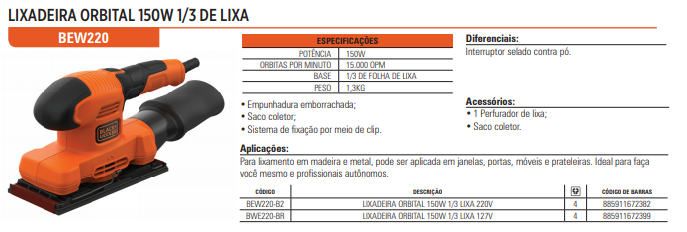 Lixadeira Orbital 1/3 de Folha de Lixa, 150W - 127V Black+Decker