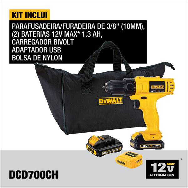 Parafusadeira/Furadeira 3/8" (10MM) 12V MAX* Li-ion C/ Adaptador USB Li-ion DeWalt