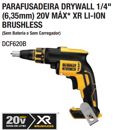 Parafusadeira Drywall 1/4" (6,35MM) 20V MAX* Li-ion Brushless, sem Bateria e Carregador DeWalt