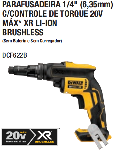 Parafusadeira .1/4" (6,35MM) com Controle de Torque 20V MAX* Li-ion Brushless, sem Bateria e Carregador DeWalt