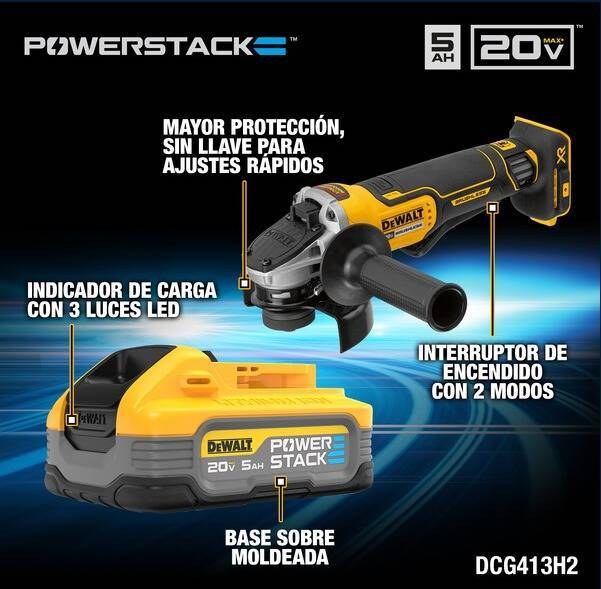Esmerilhadeira Angular (4-1/2" - 5") Brushless 20V MAX* C/ 2 BAT (5AH) Power Stack (DCBP520) Carreg Bivolt (DCB1104) e Bolsa DeWalt