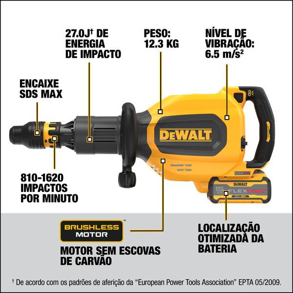 Martelo Demolidor SDS MAX 11KG 60V MAX* Flexvolt Li-ion 27J Brushless sem Bateria e Carregador com M DeWalt