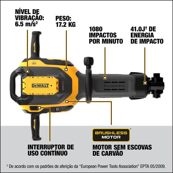 Martelo Demolidor Encaixe Hex 1-1/8" (28MM)15KG 40J 60V MAX* Flexvolt Li-ion Brushless, sem Bateria DeWalt