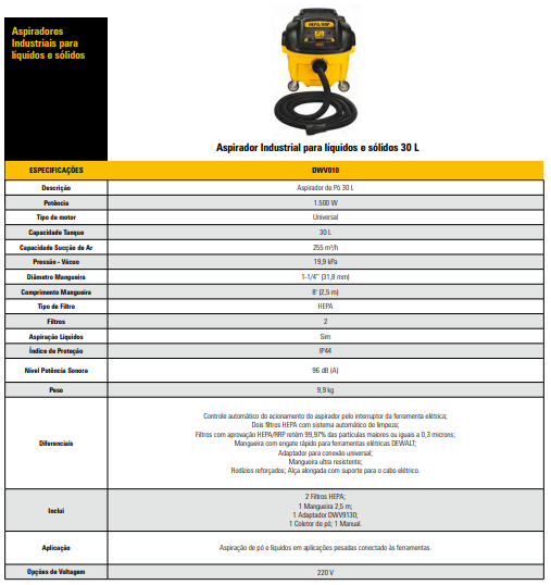 2 HEPA – Aspirador de Pó Industrial 1500W 30L DeWalt