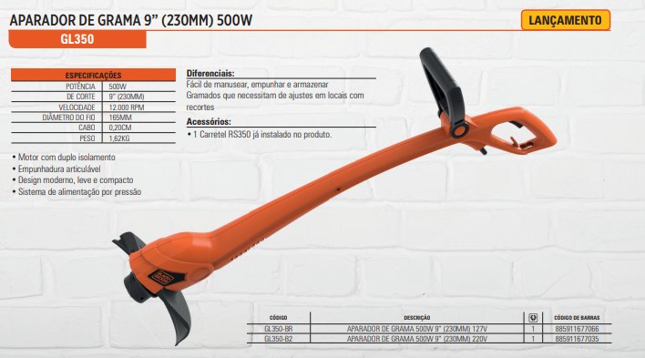Aparador de Grama 500W 9"(230MM) 220V Black+Decker