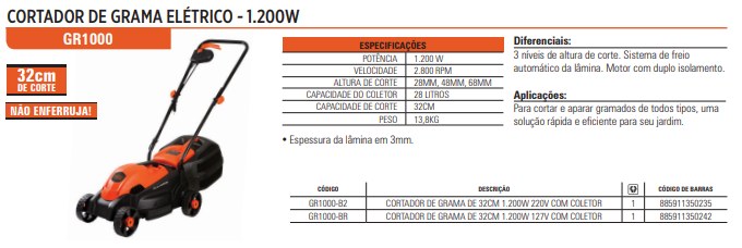 Cortador de Grama de Grama de 32CM 1.200W com Coletor 28 Litros 220V Black+Decker