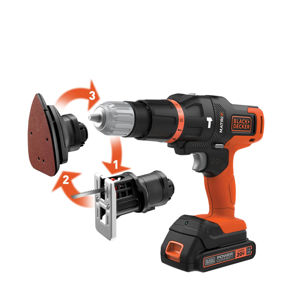 Jogo de Ferramentas Combinado Matrix 20V MAX* Li-ion C/ 3 Cabeçotes, 1 Bateria 1.5AH, Carregador Bivolt e B Black+Decker