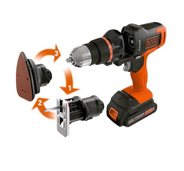 Jogo de Ferramentas Combinado Matrix 20V MAX* Li-ion C/ 3 Cabeçotes, 1 Bateria 1.5AH, Carregador Bivolt e B Black+Decker