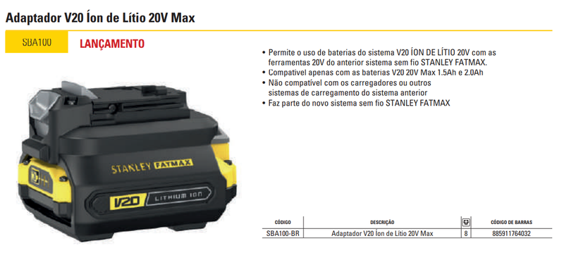 Adaptador de Bateria 20V MAX* para (1,5AH) e (2AH) V20 Stanley