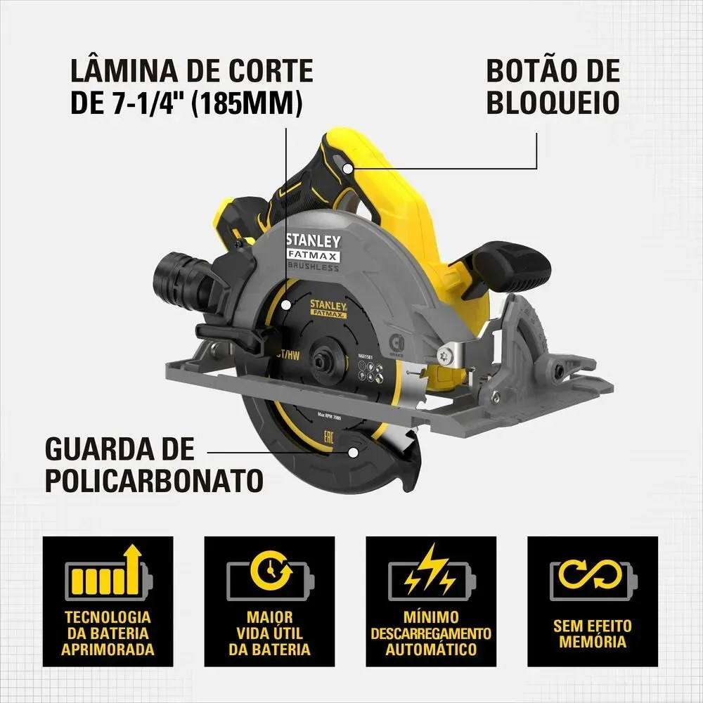 Serra Circular 7-1/4" (185MM) 20V MAX* Li-ion Brushless sem Bateria e Carregador (em Breve) Stanley — foto 2