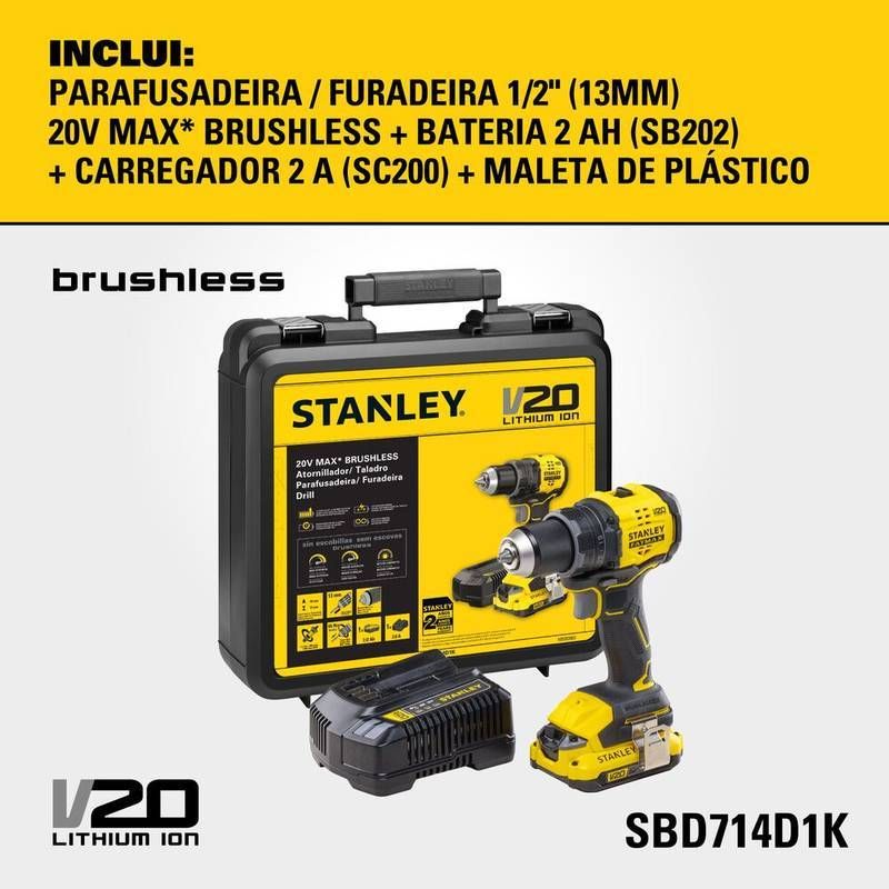 Parafusadeira/Furadeira 1/2" (13MM) 20V MAX* Li-ion Brushless, C/ 1 Bateria 2,0AH (SB202) Carregador Bivolt (SC200) Stanley
