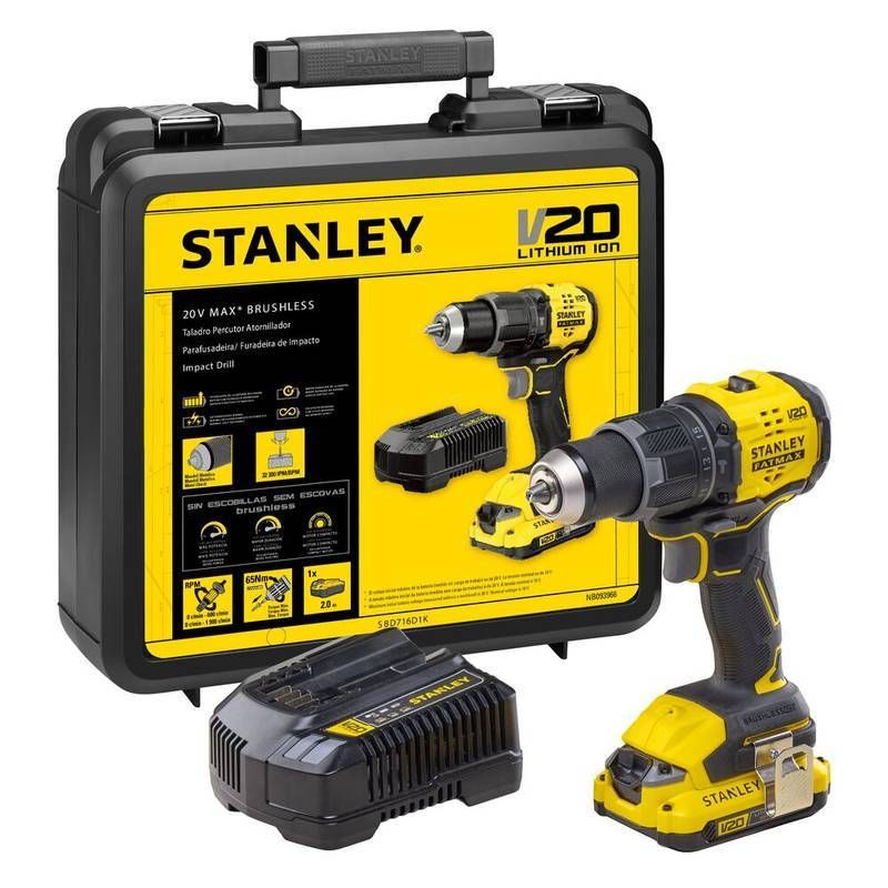 Parafusadeira/Furadeira Impacto 1/2" (13MM) 20V MAX* Li-ion Brushless, C/ 1 Bateria 2,0AH (SB202) Carregador Bivolt Stanley