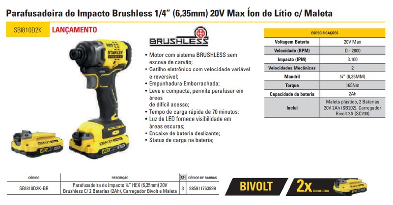 Parafusadeira de Impacto 1/4" (6,35MM) 20V MAX* Li-ion Brushless, 2 Baterias 2AH (SB202) Carregador Bivolt Stanley