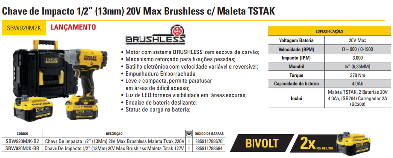 Chave de IMPACTO.1/2"(13MM) 20V MAX* Li-ion Brushless, 370NM, 2 Baterias 4AH (SB204) Carregador Bivolt (SC400) e Stanley