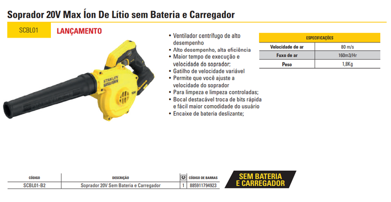 Soprador 20V MAX* Li-ion sem Bateria e Carregador Stanley