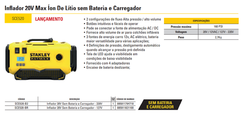 Inflador de Ar 20V MAX* Li-ion sem Bateria e Carregador Bivolt (entrada 20V - 12VCC - Bivolt) Stanley