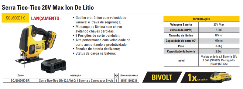 Serra Tico - Tico 20V MAX* Li-ion 1 Bateria 2AH (SB202) Carregador Bivolt (SC120) e Maleta Stanley