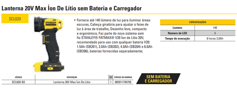 Lanterna 140 Lummens 20V MAX* Li-ion sem Bateria e Carregador Stanley
