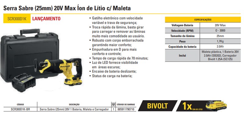 Serra Sabre (25MM) 20V MAX* Li-ion 1 Bateria 2AH, (SB202) Carregador Bivolt (SC120) e Maleta Stanley