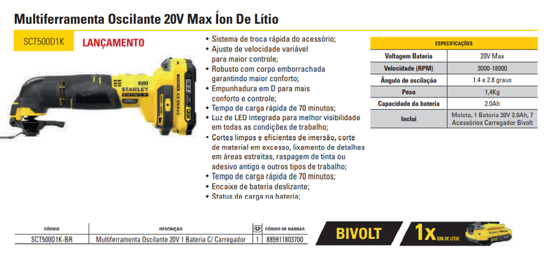 Multi Ferramenta Oscilante 20V MAX* Li-ion, 1 Bateria 2AH (SB202) 9 Acessórios Carregador Bivolt (SC120) e Maleta Stanley