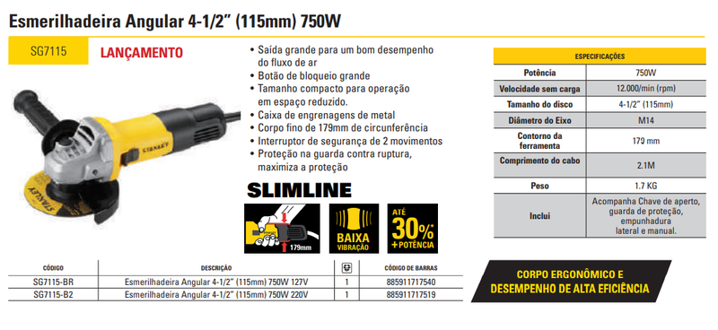 Esmerilhadeira Angular 4-1/2" - 750W - 127V - Slimline Stanley