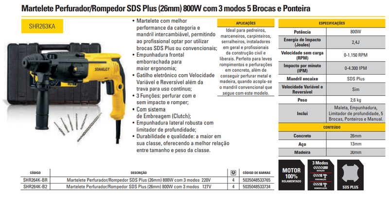 Martelete Perf / Romp SDS Plus C/2,4J - 3 Modos 800W - 220V com 2 Mandris SDS Plus e Convencional Stanley