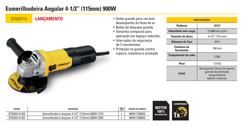Esmerilhadeira Angular 4-1/2" - 900W - 127V Stanley